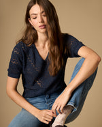 Camiseta manga corta escote en V con textura - Azul