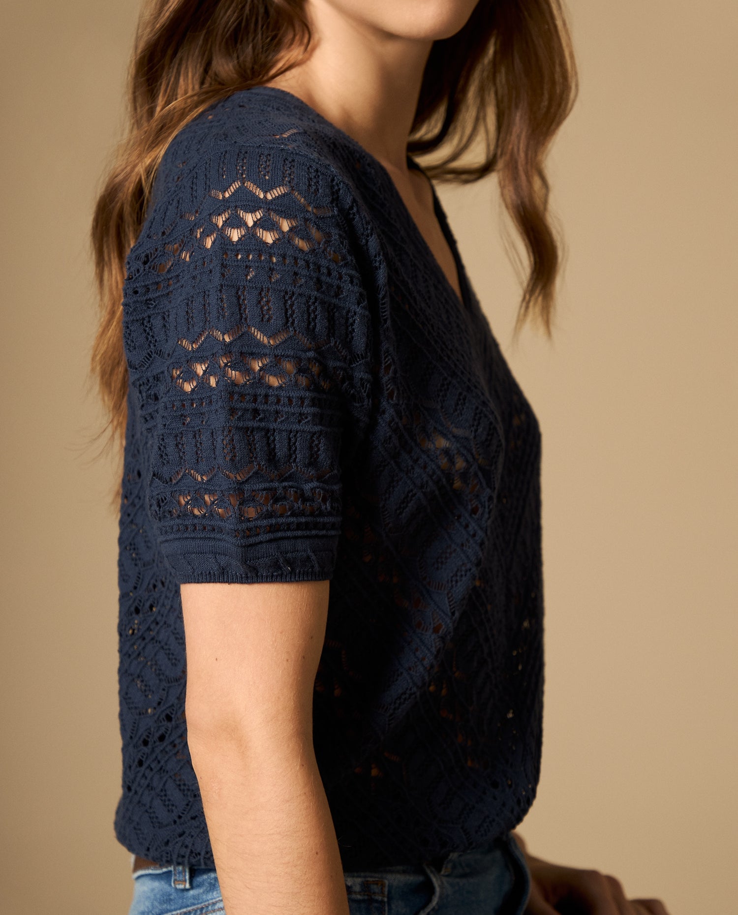 Camiseta manga corta escote en V con textura - Azul