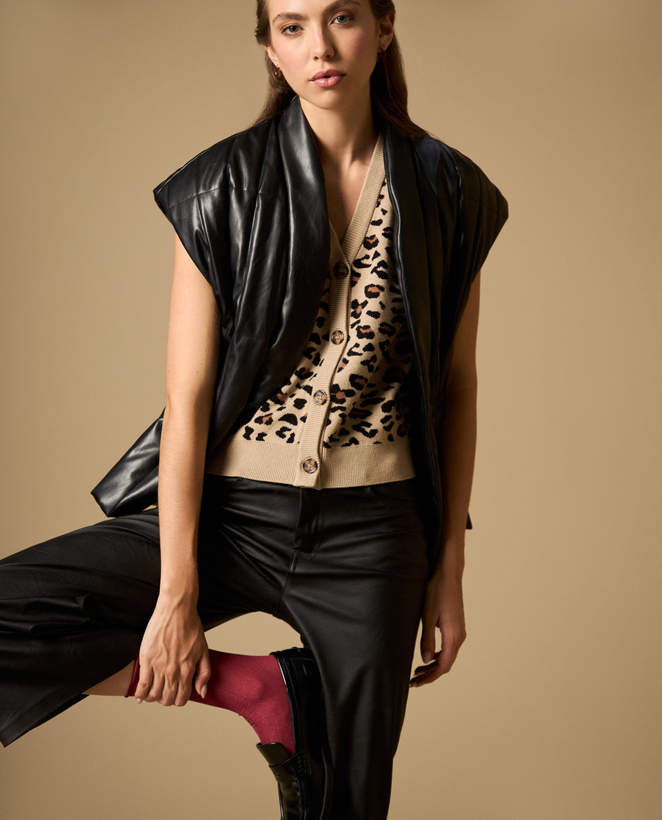 Camiseta tejida cuello en V con diseño animal print - Café 34_602H230_CAF171143_5