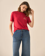 Camiseta manga corta con bordado para mujer  - Rojo