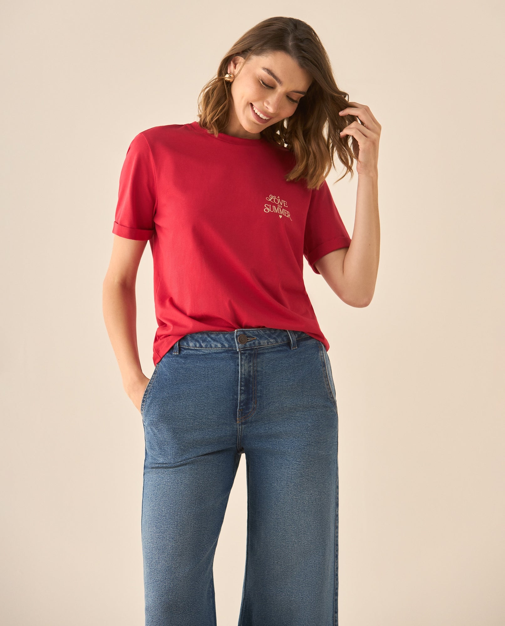 Camiseta manga corta con bordado para mujer  - Rojo 34_603G000_ROJ191761_0