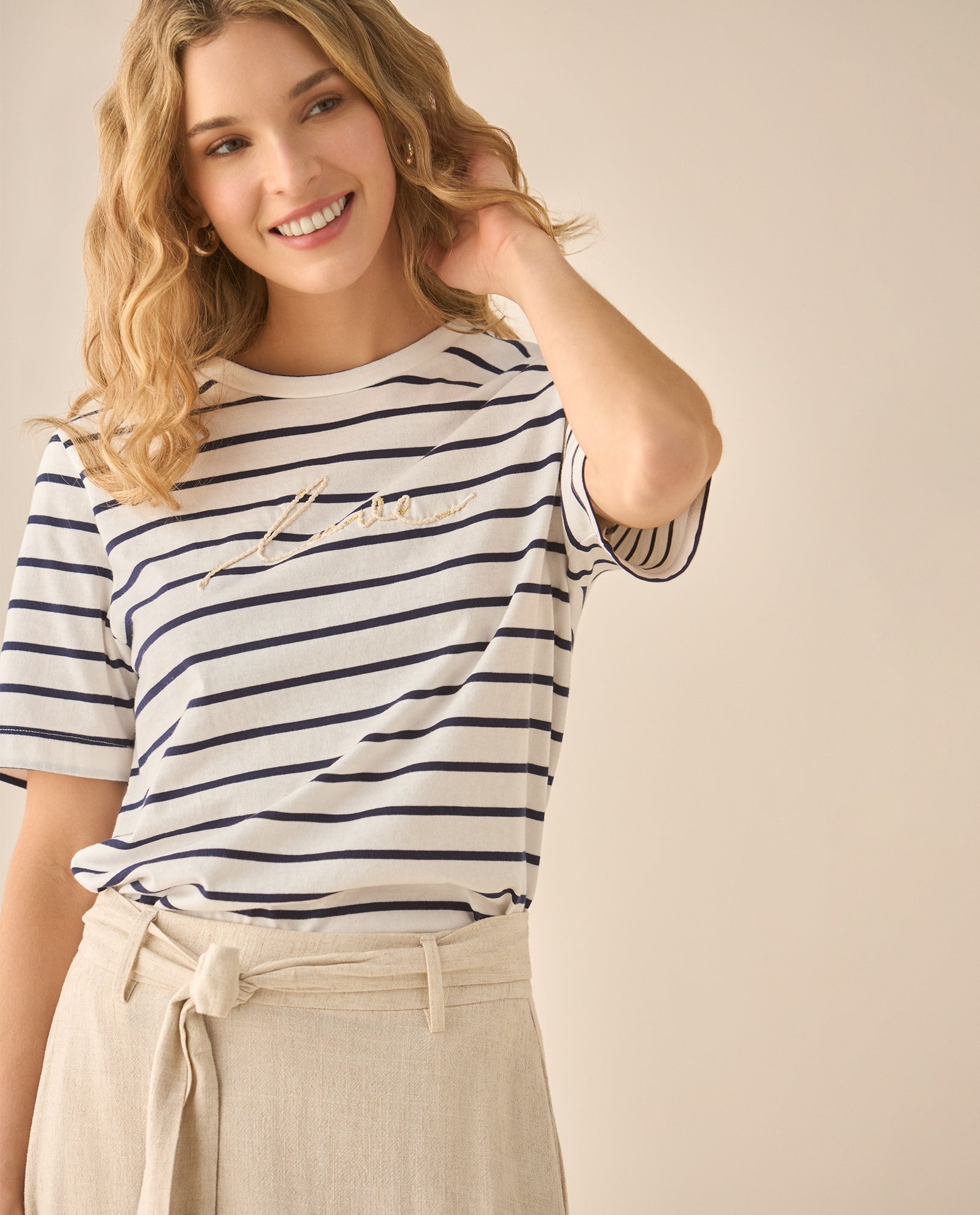 Camiseta a rayas con bordado para mujer  - Azul 34_603G014_AZU193920_0