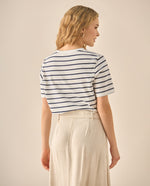 Camiseta a rayas con bordado para mujer  - Azul