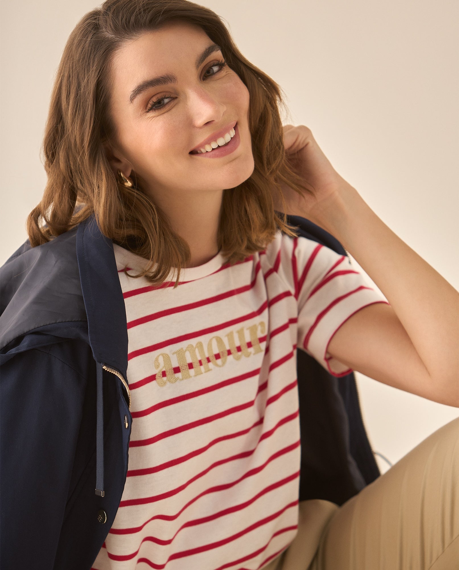 Camiseta a rayas con bordado para mujer  - Rojo 34_603G014_ROJ191761_0