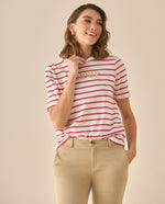 Camiseta a rayas con bordado para mujer  - Rojo