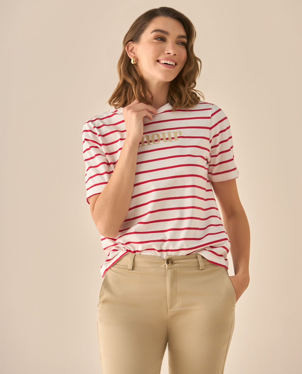 Camiseta a rayas con bordado para mujer  - Rojo 34_603G014_ROJ191761_3