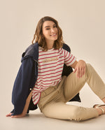 Camiseta a rayas con bordado para mujer  - Rojo