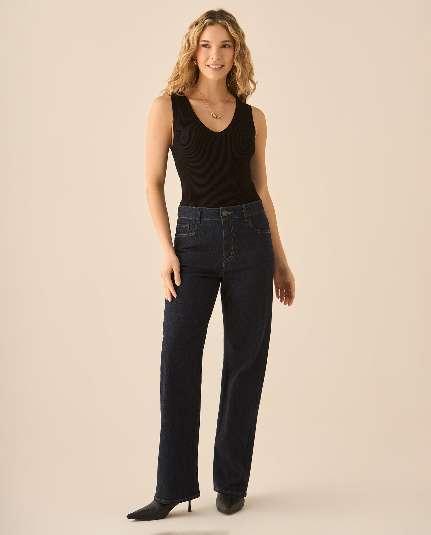 Camiseta tejida con escote en v para mujer - Negro
