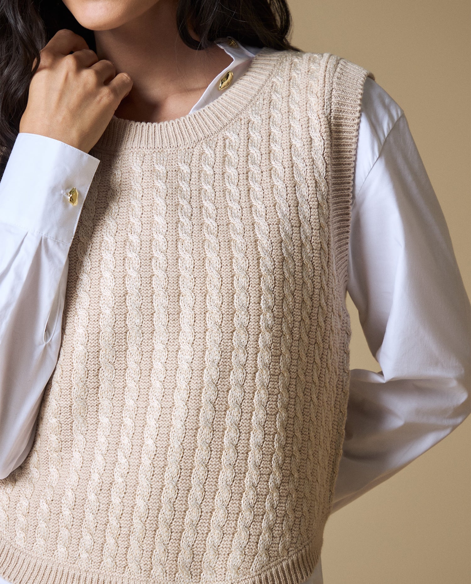 Camiseta manga sisa algodón lurex - Beige