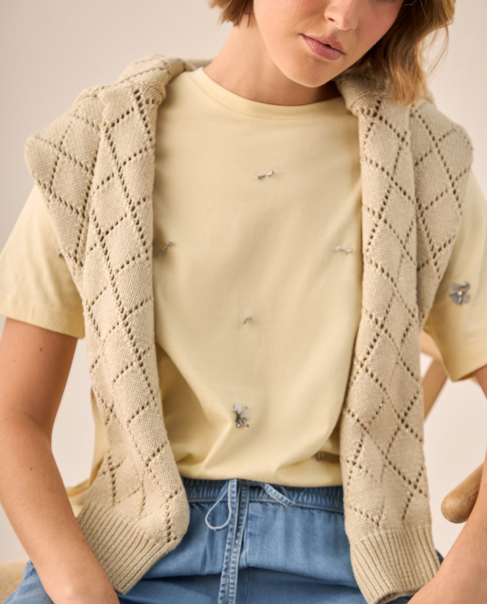 Camiseta con Flores Bordadas y Perlas - Beige 34_609G200_BEI160713_3
