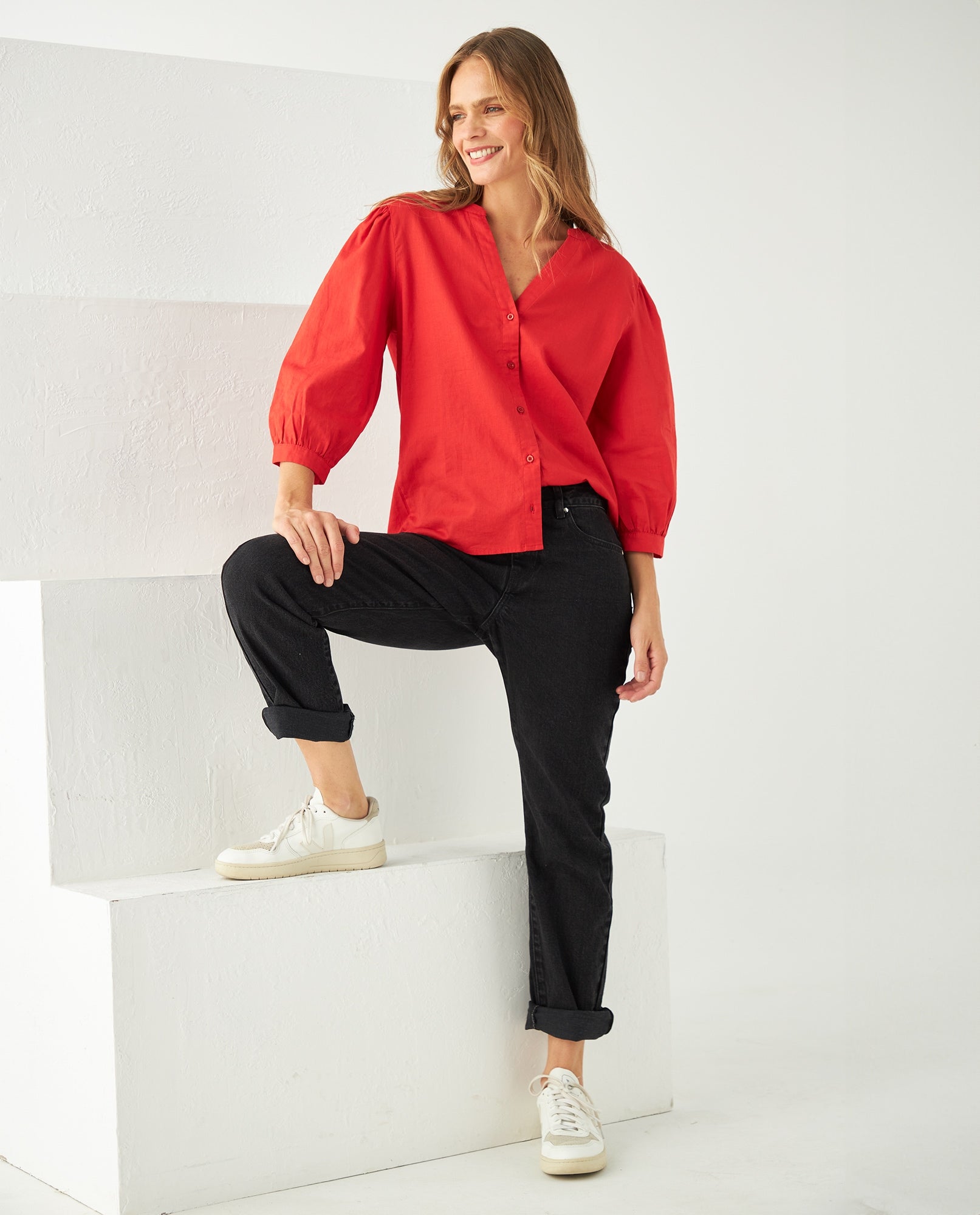 Camisa con escote en V para mujer - Naranja 34_611F047_NAR181555_0