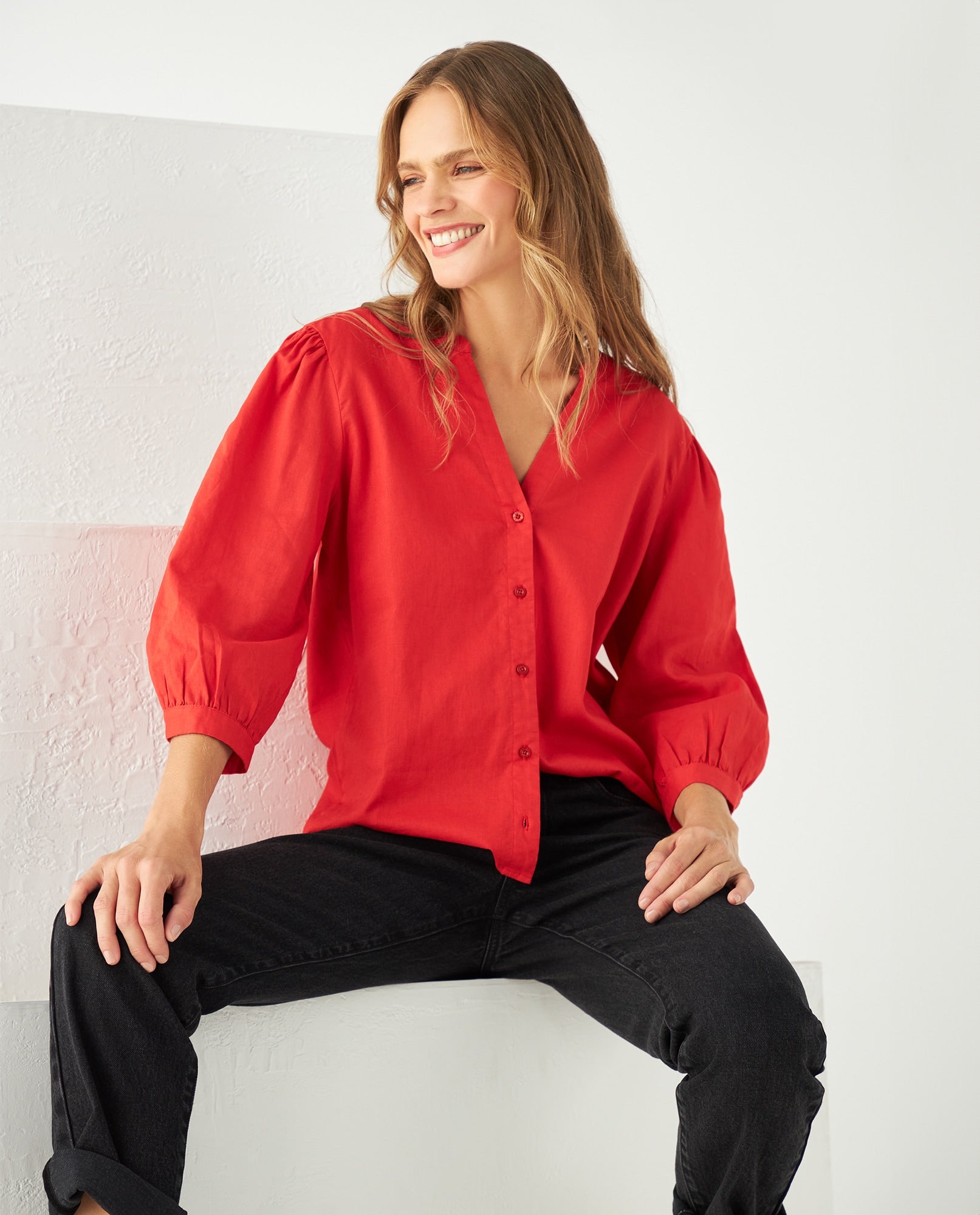 Camisa con escote en V para mujer - Naranja 34_611F047_NAR181555_5