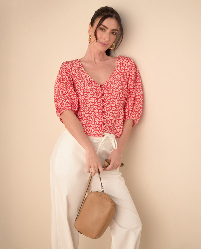 Camisa con estampado de flores para mujer - Rojo 34_611G011_ROJ191664_0