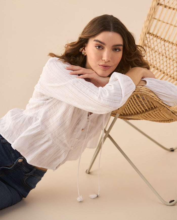Camisa con escote en V para mujer - Beige 34_611G020_BEI161310_0