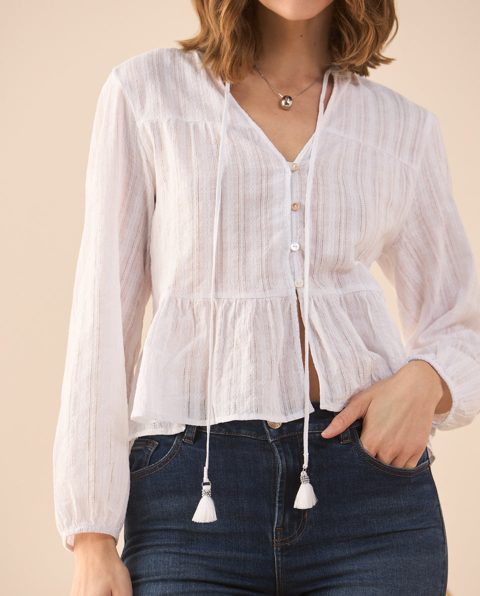 Camisa con escote en V para mujer - Beige 34_611G020_BEI161310_3