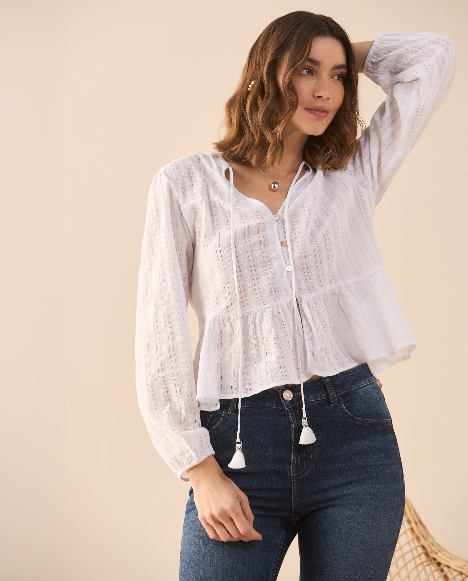Camisa con escote en V para mujer - Beige 34_611G020_BEI161310_6