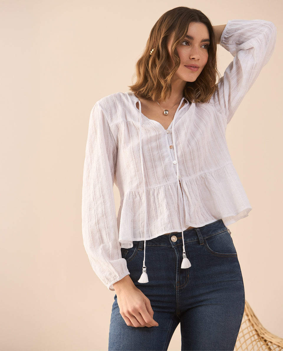 Camisa con escote en V para mujer - Beige 34_611G020_BEI161310_6