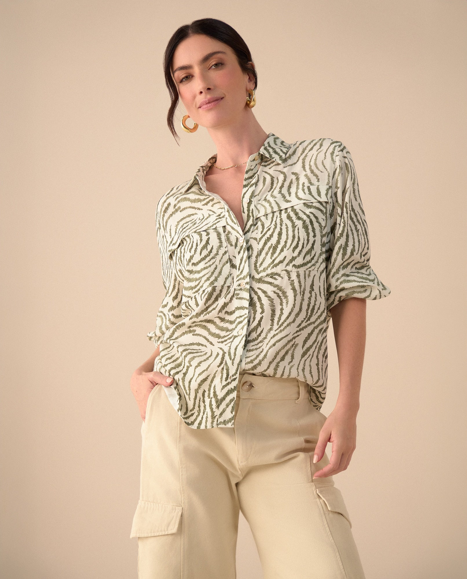 Camisa clásica estampada para mujer - Verde 34_611G032_VER170115_0