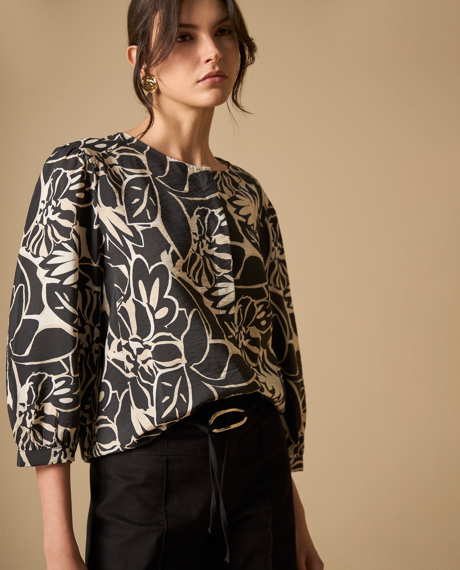 Camisa manga sisa cuello redondo caída fluida - Negro