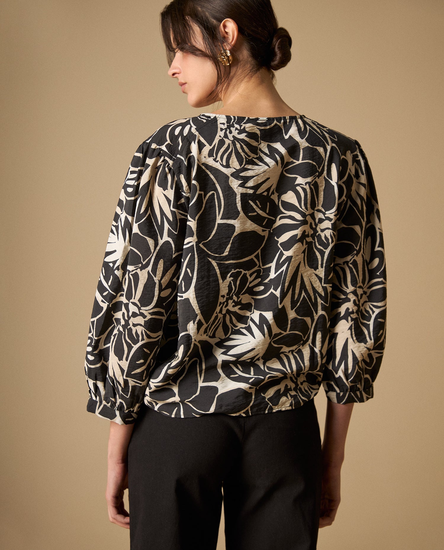 Camisa manga sisa cuello redondo caída fluida - Negro