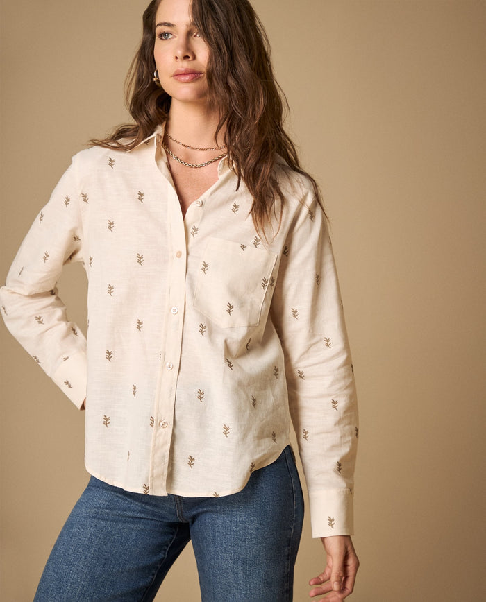 Camisa bordada cuello camisero manga 3/4 - Crudo 34_611H010_CRU130905_0