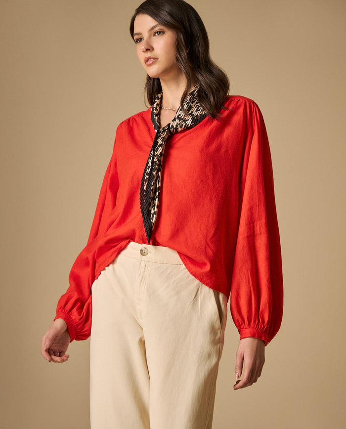 Camisa camisera de manga larga en mezcla de lino - Rojo 34_611H017_ROJ171564_0