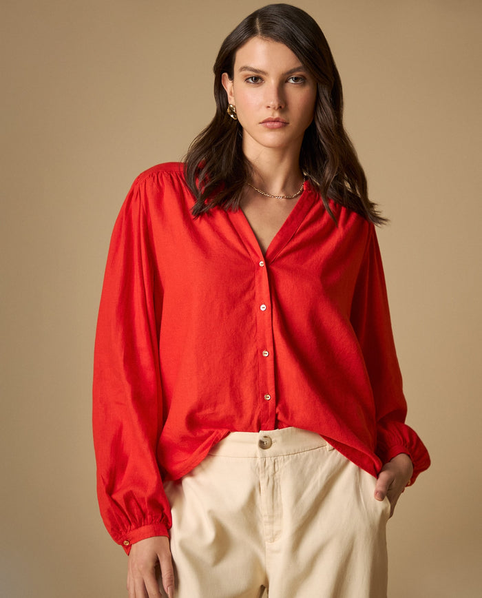 Camisa camisera de manga larga en mezcla de lino - Rojo 34_611H017_ROJ171564_3