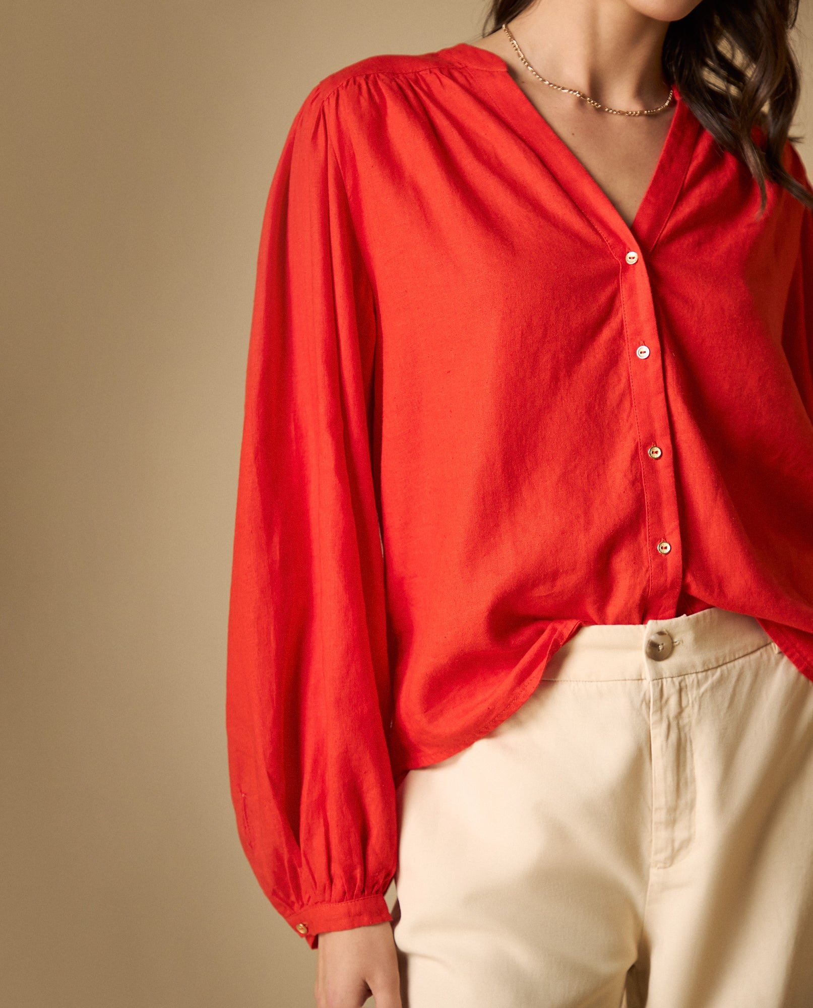 Camisa camisera de manga larga en mezcla de lino - Rojo 34_611H017_ROJ171564_4