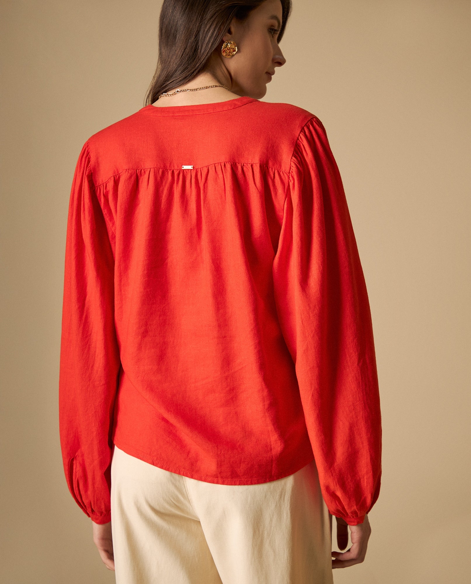 Camisa camisera de manga larga en mezcla de lino - Rojo 34_611H017_ROJ171564_5
