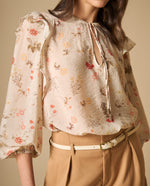 Camisa manga larga con volantes y amarre en escote - Blanco