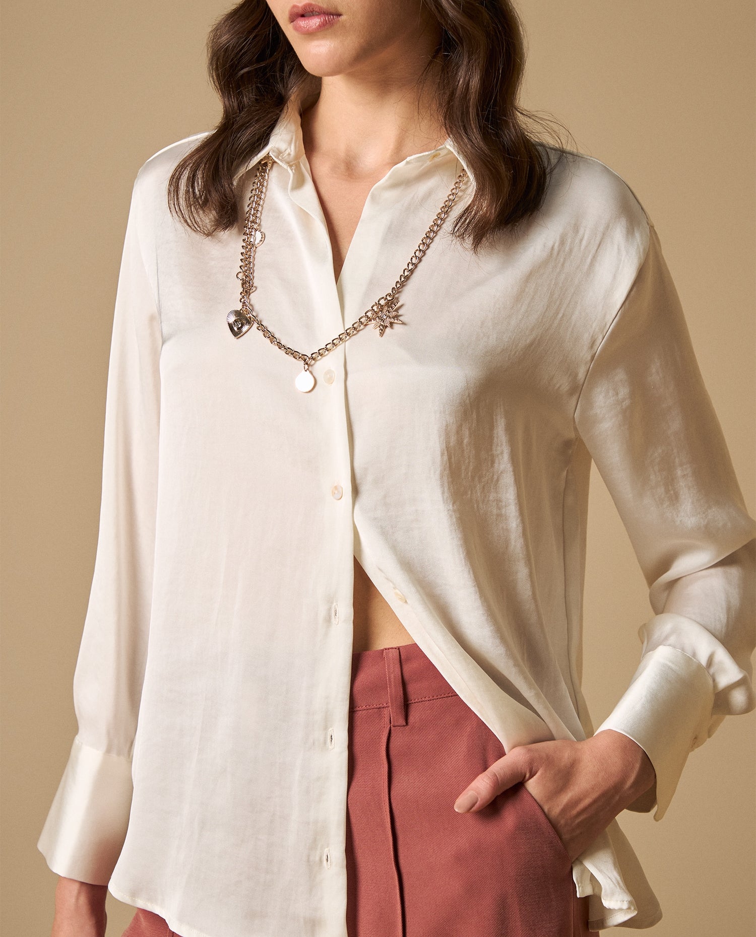 Camisa manga larga cuello camisero silueta fluida - Blanco