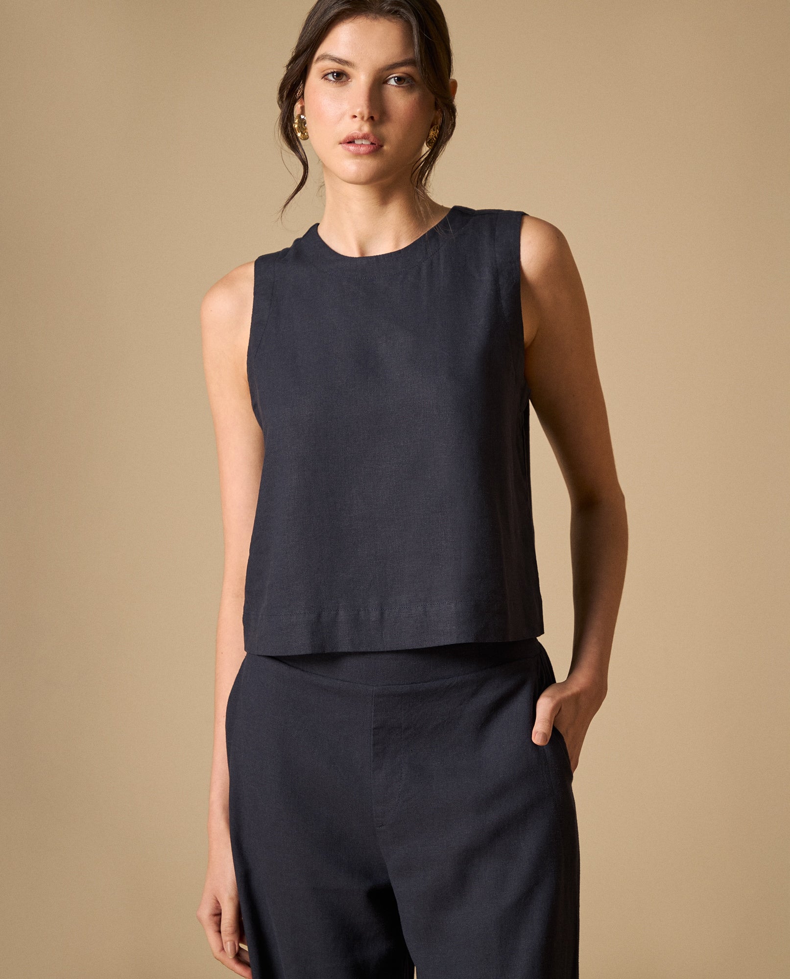 Camisa manga sisa cuello redondo en lino y rayón - Azul 34_611H064_AZU133920_3