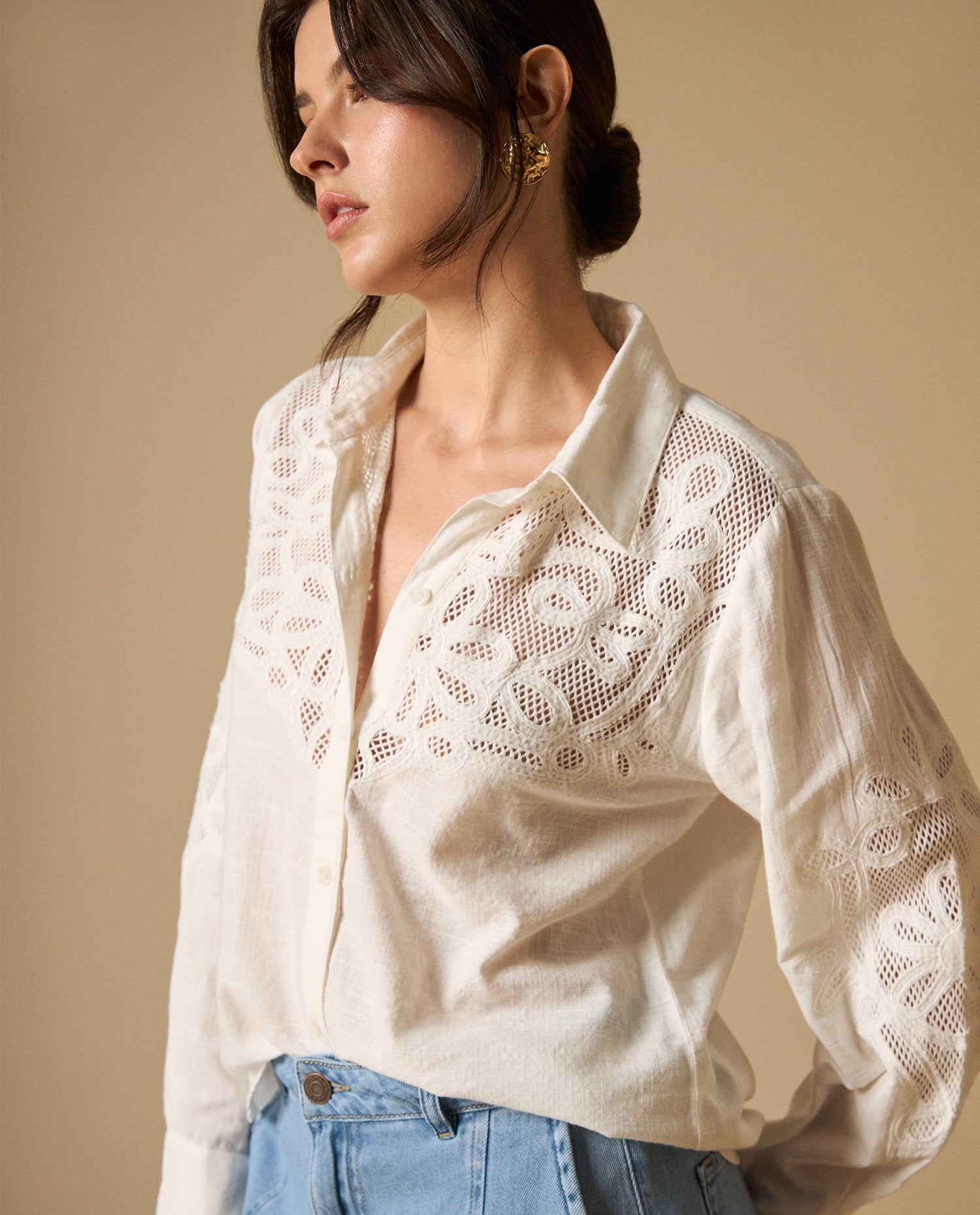 Camisa manga sisa con bordado y textura - Crudo