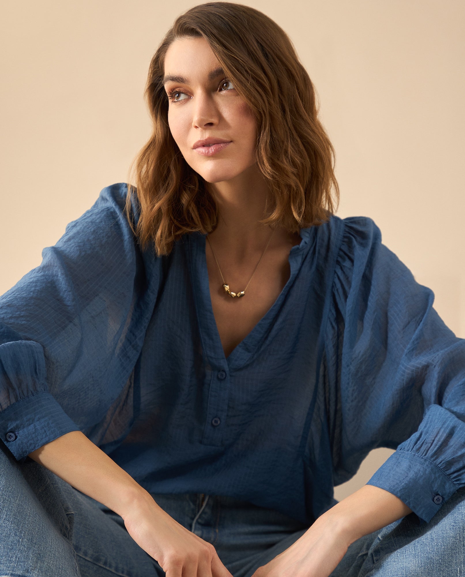 Camisa manga larga de tela fluida para mujer - Azul 34_612G007_AZU183929_0
