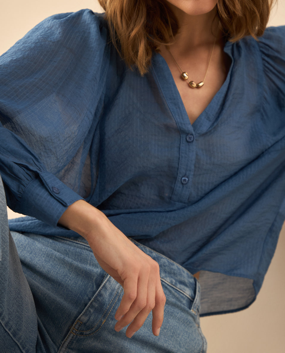 Camisa manga larga de tela fluida para mujer - Azul 34_612G007_AZU183929_3