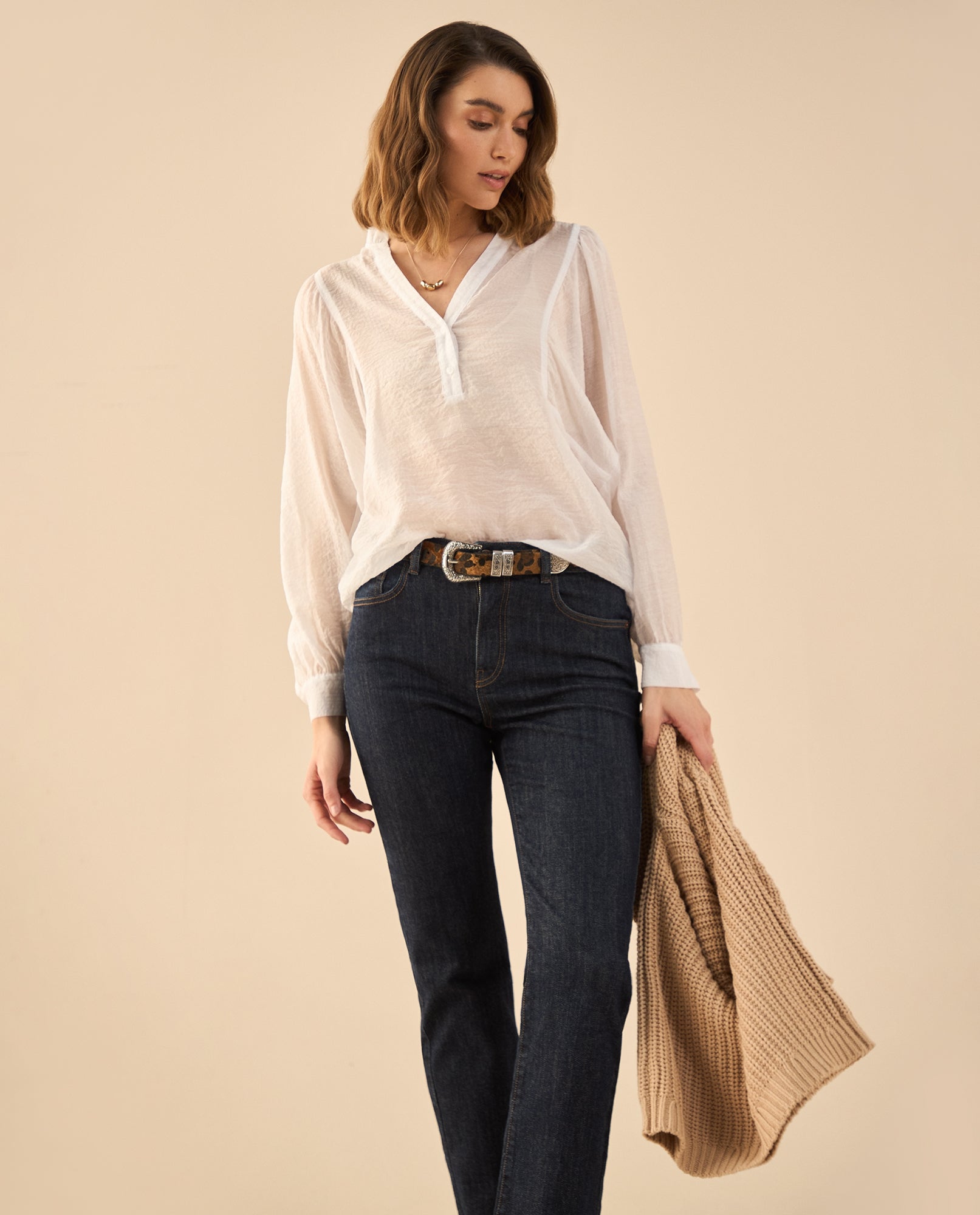 Camisa manga larga de tela fluida para mujer - Blanco 34_612G007_BLA110601_6