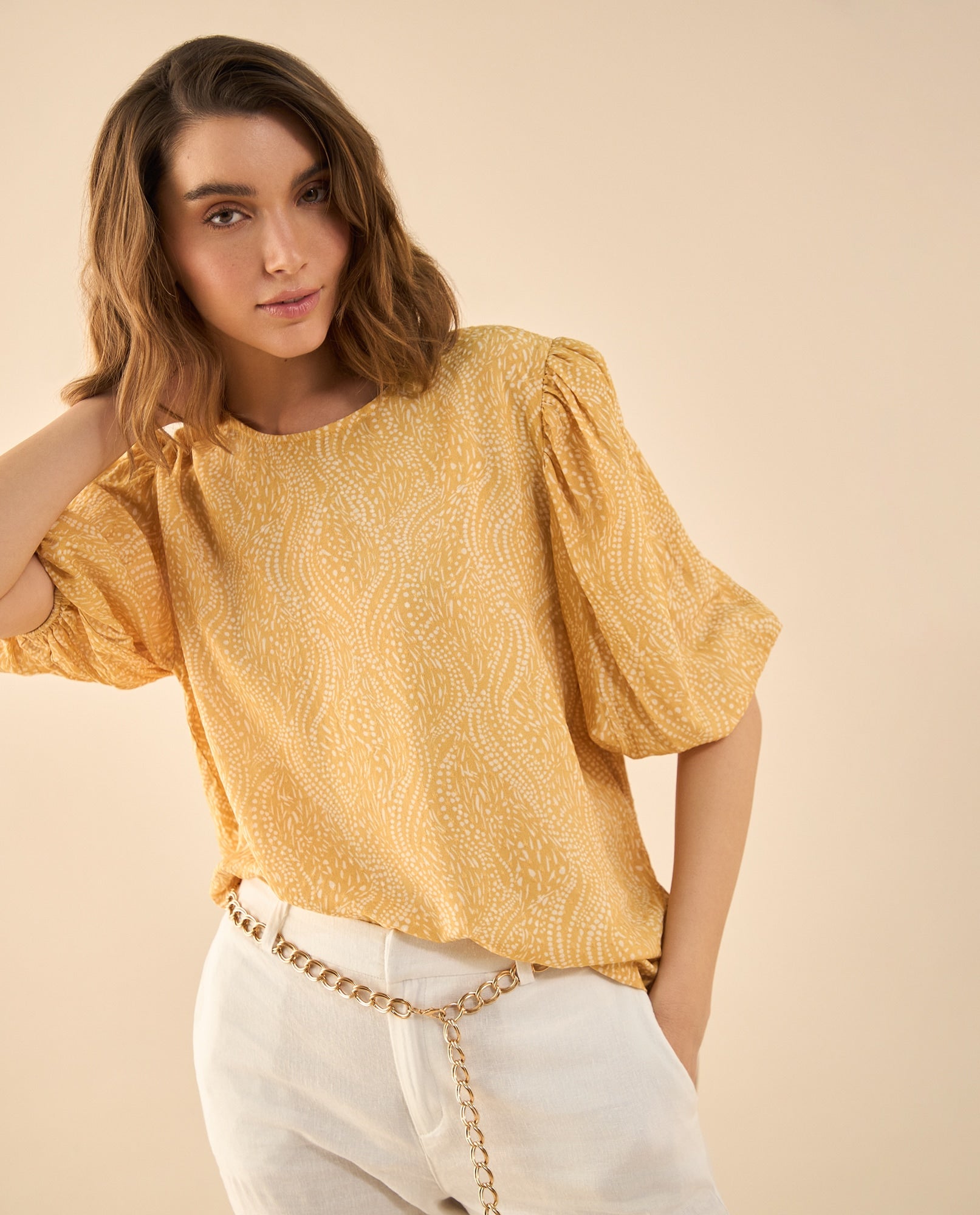 Camisa estampada manga corta para mujer - Beige 34_612G018_BEI151132_0