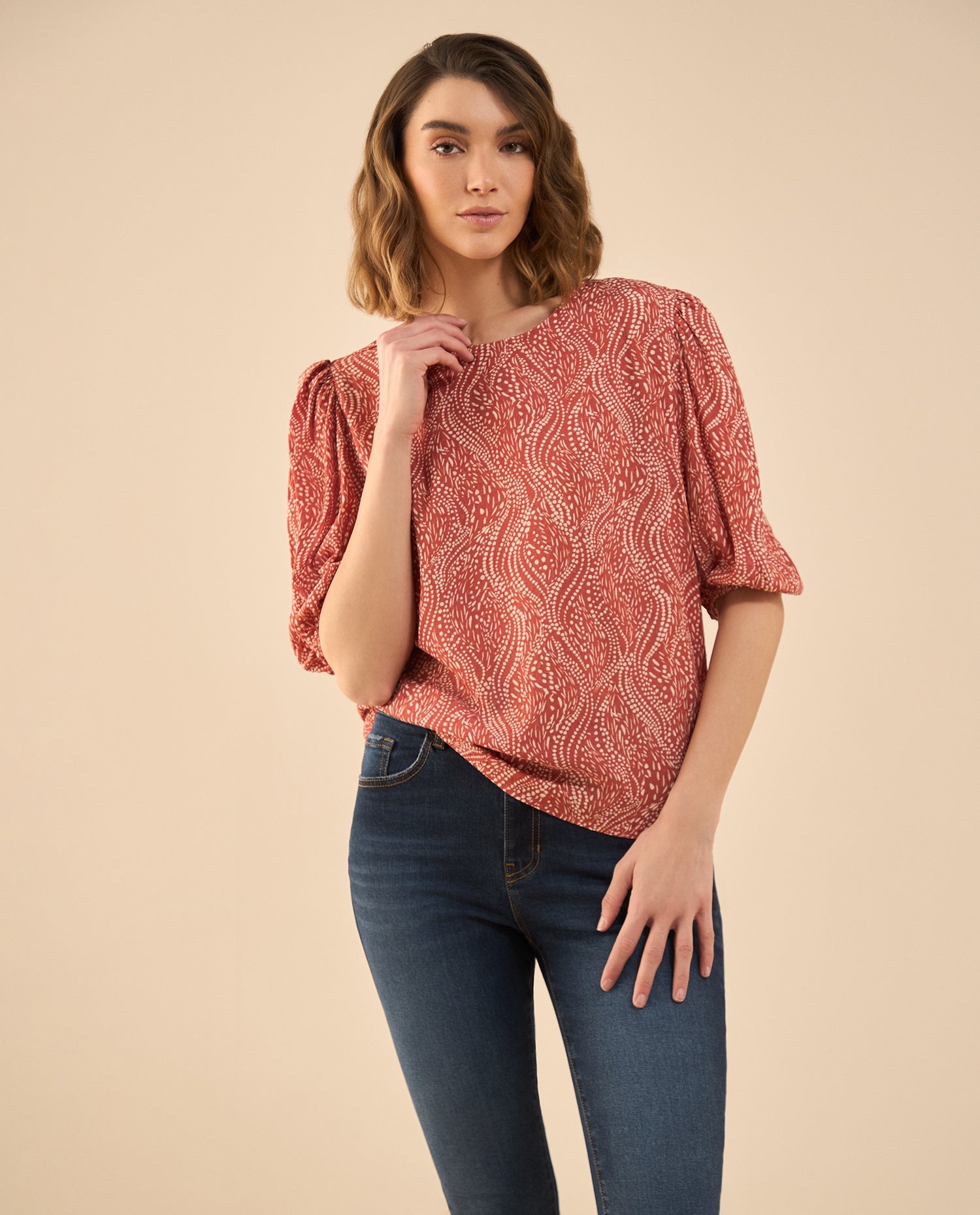 Camisa estampada manga corta para mujer - Rojo
