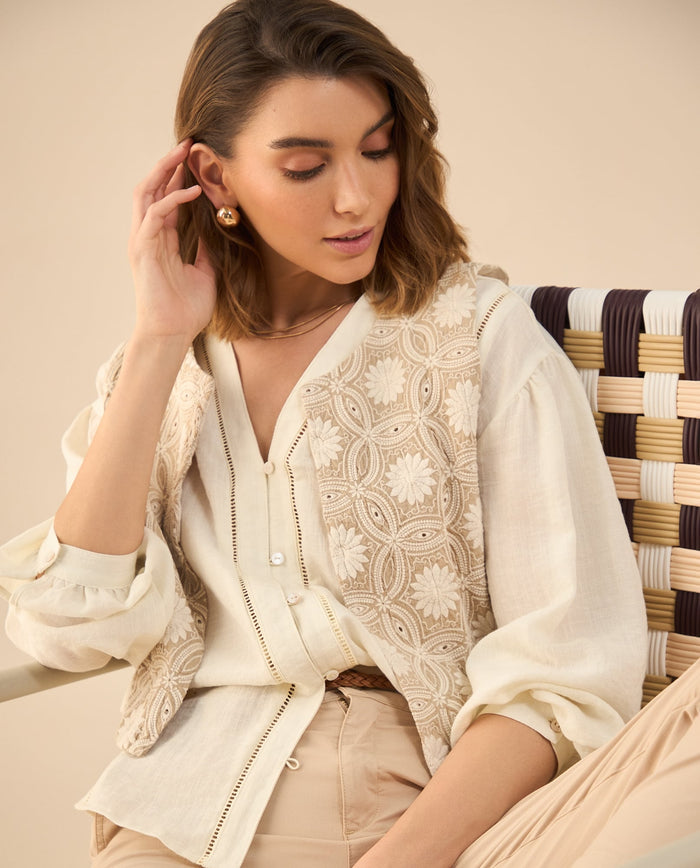 Camisa con escote en V para mujer - Crudo 34_612G020_CRU114302_0