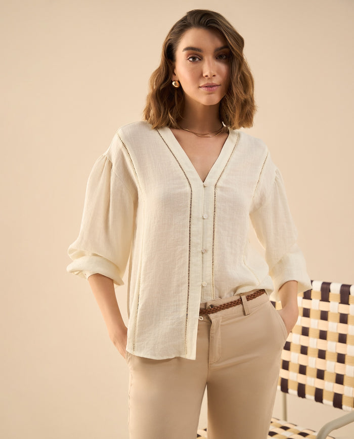 Camisa con escote en V para mujer - Crudo 34_612G020_CRU114302_3