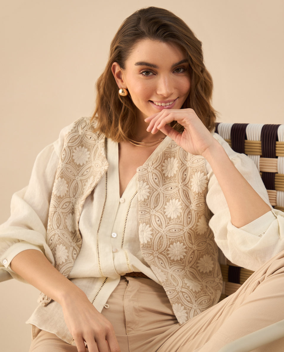 Camisa con escote en V para mujer - Crudo 34_612G020_CRU114302_7