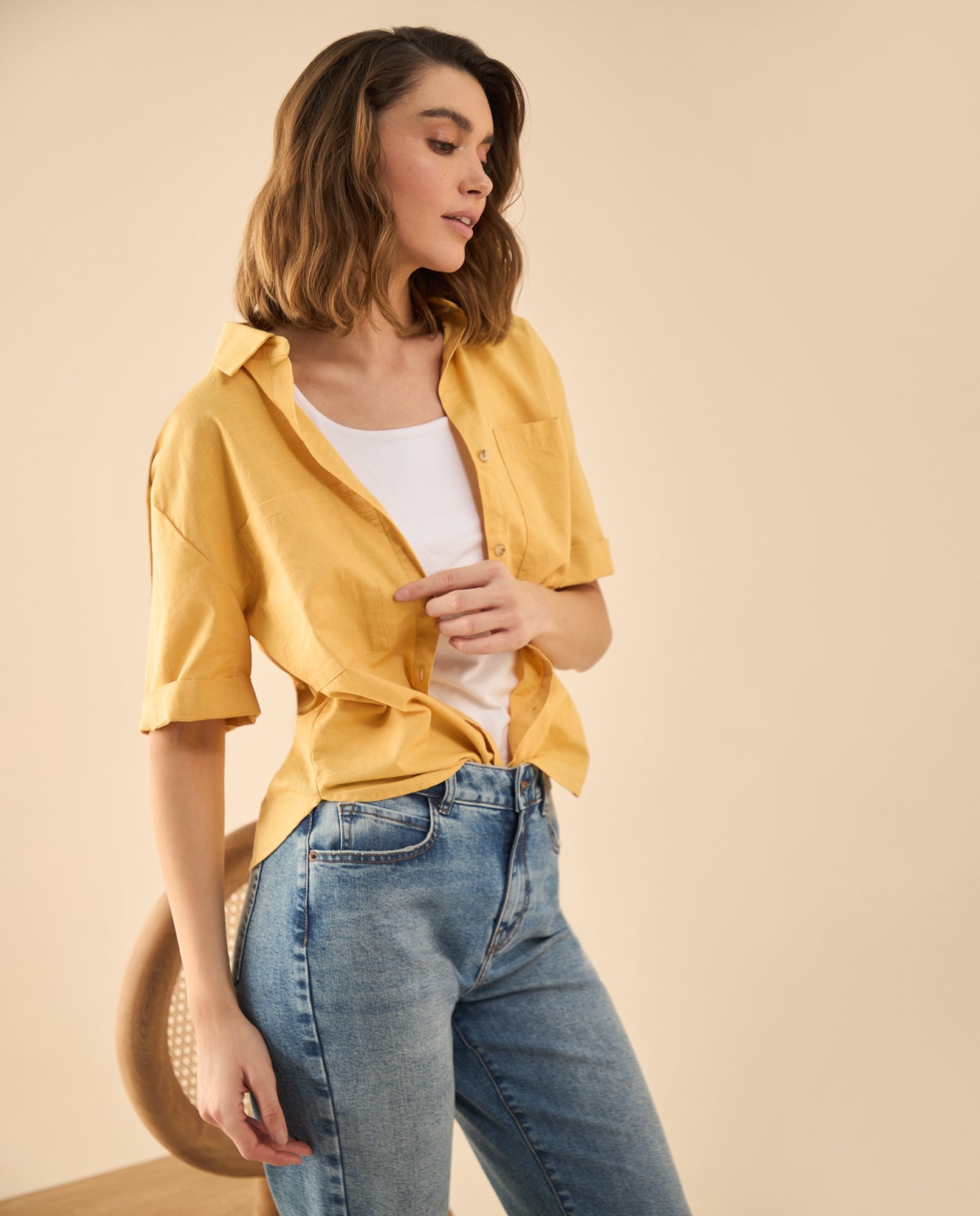 Camisa manga corta para mujer - Beige 34_612G023_BEI151132_6