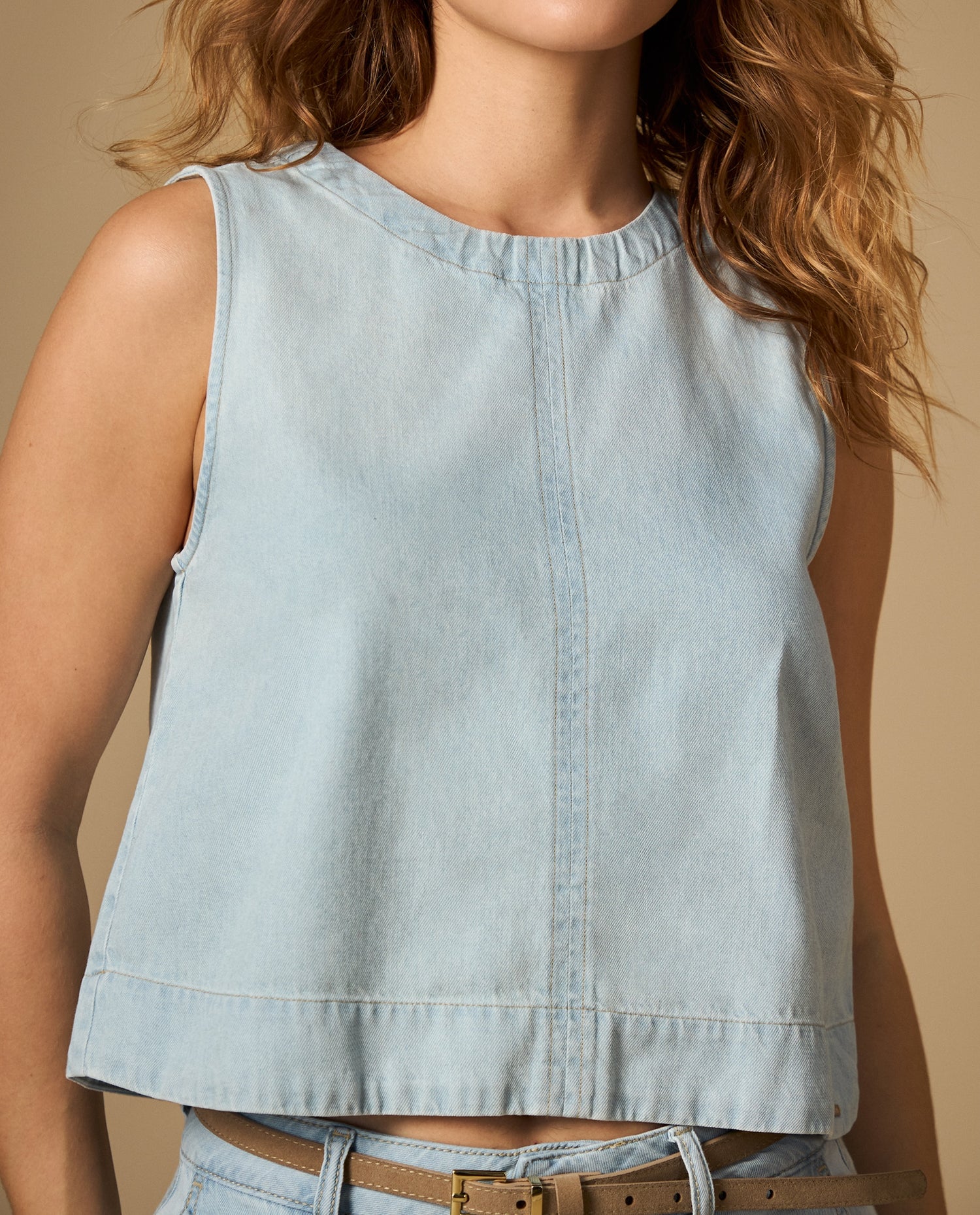 Camisa manga sisa cuello redondo corte cropped - Azul