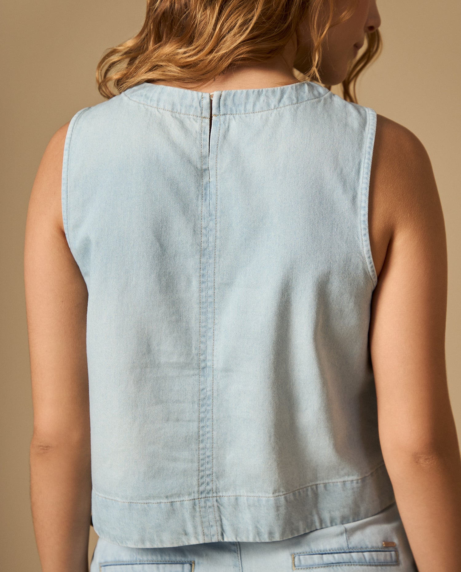 Camisa manga sisa cuello redondo corte cropped - Azul
