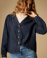 Camisa de algodón manga larga cuello en V - Azul