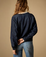 Camisa de algodón manga larga cuello en V - Azul