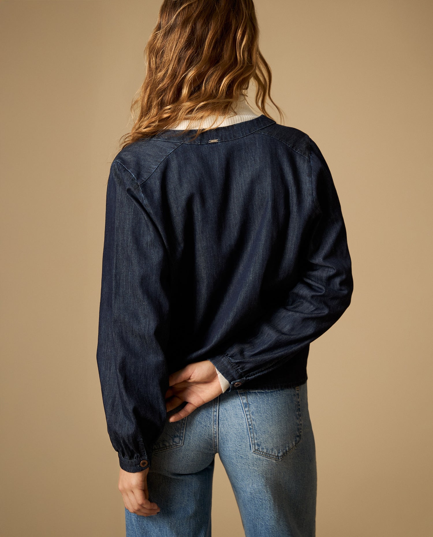Camisa de algodón manga larga cuello en V - Azul