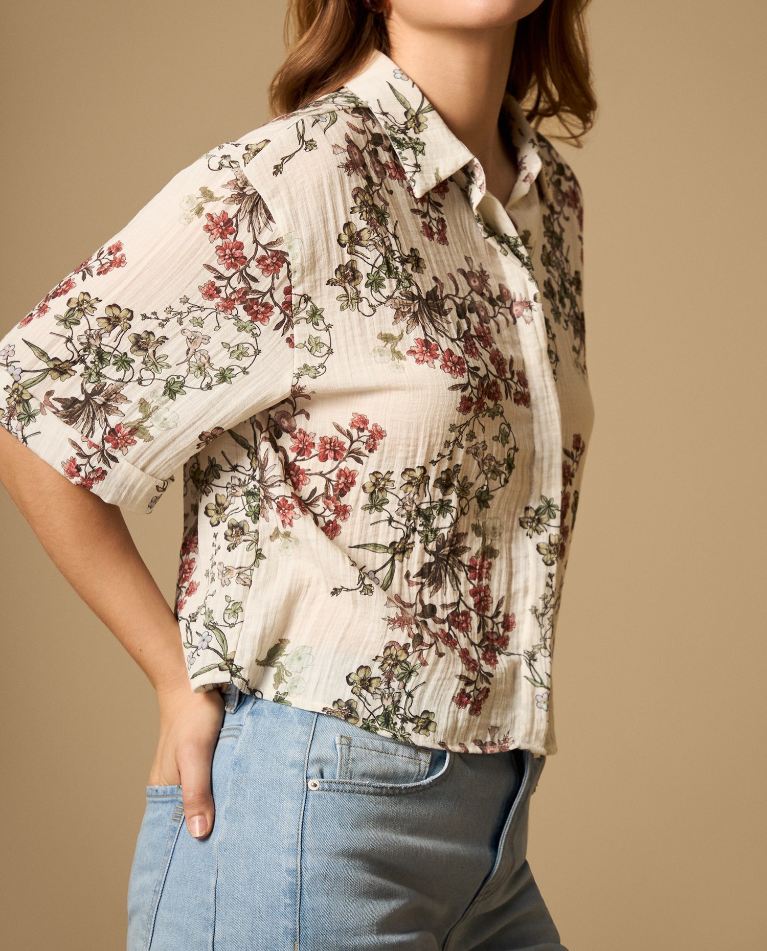 Camisa fluida manga 3/4 cuello camisero - Crudo