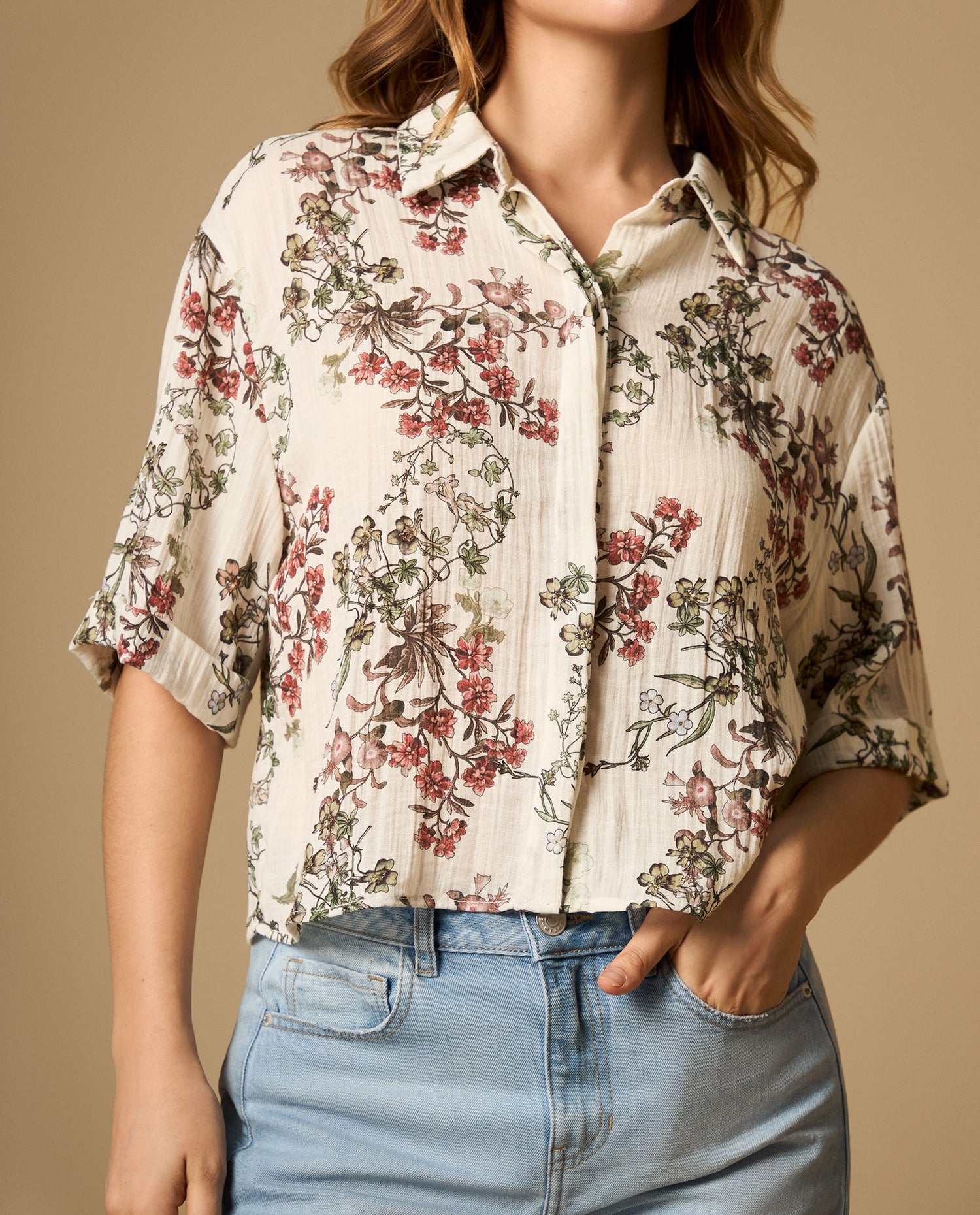 Camisa fluida manga 3/4 cuello camisero - Crudo