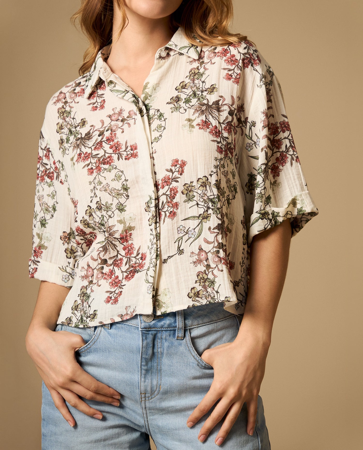 Camisa fluida manga 3/4 cuello camisero - Crudo